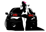 Girl in cap near a black car
