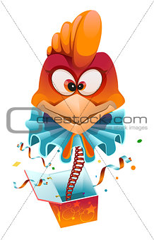 Red head Rooster clown jumps out of box
