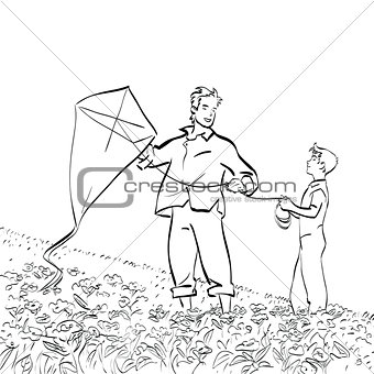 Dad and son flying a kite