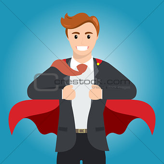 Businessman turns in Superhero with red cape