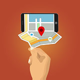 Hand holds smartphone with city map gps navigator