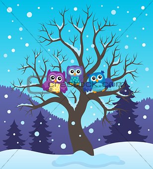 Stylized owls on tree theme image 2