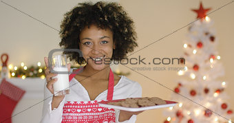 Happy young woman with milk and cookies for Santa