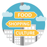 Guidepost icon flat style. Road sign in the city.   arrow on the background of the , with the inscription shopping, culture, food. Vector illustration