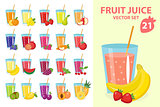 Fruit juice in glass, vector illustration set. Fresh juices icon. Drinks, isolated on a white background. Template for cooking, restaurant menu and vegetarian food.