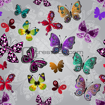 Seamless gray gradient pattern with butterflies