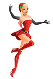Woman in red Christmas Santa costume presenting and flying