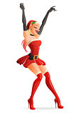 Pretty blond woman dancing in Christmas Santa costume. Vector illustration.