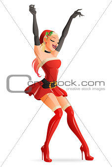 Pretty blond woman dancing in Christmas Santa costume. Vector illustration.