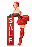 Woman in Santa Claus costume with sale banner. Vector illustration.