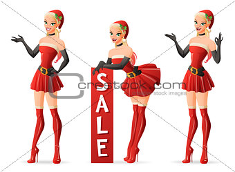 Beautiful girls in Santa costume in different poses. Vector set.