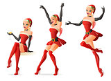 Pretty girls in Santa costumes in different poses. Vector set.