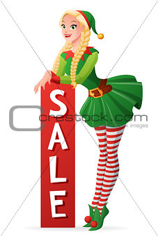 Pretty girl in Christmas elf costume sale banner. Vector illustration.
