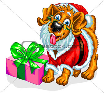 Dog with Christmas gifts.