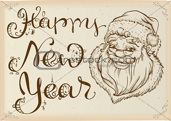 Happy New Year. Head of Santa Claus and text lettering. Template greeting card