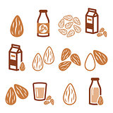 Almonds, almond milk vector icons set