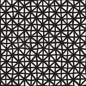 Wavy Hand Drawn Lines Triangles Grid. Vector Seamless Black and White Pattern.