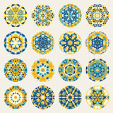 Set of Sixteen Round Blue Yellow Mandala kaleidoscope Geometric Ornaments Circles