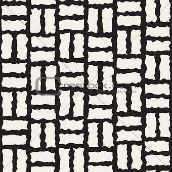 Vector Seamless Black and White Rough Hand Painted Line Pavement Grid Pattern