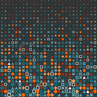 Vector Circle Square Cross Shapes Halftone Grid Pattern In Red Orange and Blue on Dark Background
