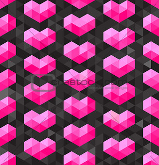 Vector Seamless Geometric Pink Hearts Shapes on Dark Triangle  Polygons Background
