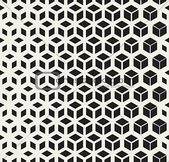 Vector Seamless Black And White  Geometric Cube Shape Lines Halftone Grid Pattern