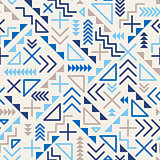 Vector Seamless Retro 80's  Jumble Geometric Line Shapes Blue Hipster Pattern on Grey Background