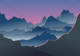 Blue mountains in the fog. Vector illustration.