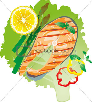 bright juicy grilled fish on a lettuce leaf, vector illustration