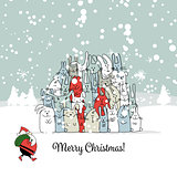 Christmas card with santa and rabbit family