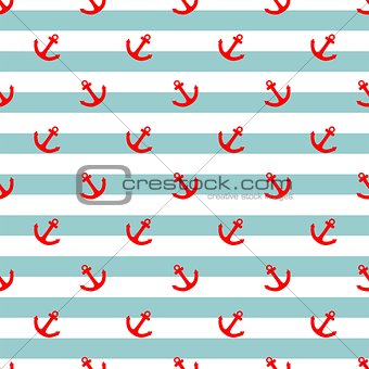 Tile sailor vector pattern with red anchor and mint green and white stripes background