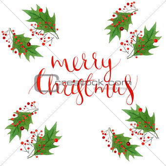 Merry Christmas text with watercolor holly leaves and red berries isolated on white background, hand painted xmas lettering in waterolour for poster, printing, postcard, greeting card.