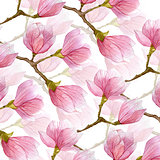 spring watercolor magnolia background. two layers of flowers and branches of magnolia tree.
