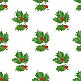 christmas seamless pattern with holly berries and leaves in watercolor.