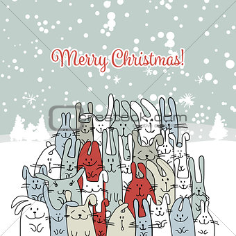 Christmas card with happy rabbit family