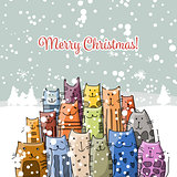 Christmas card with happy cats family