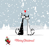 Christmas card with santa and cats couple