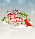 Background with red berries and cardinal