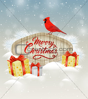 Background with gifts and cardinal bird.