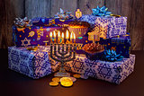 Jewish holiday Hanukkah Beautiful Chanukah decorations in blue and silver with gifts