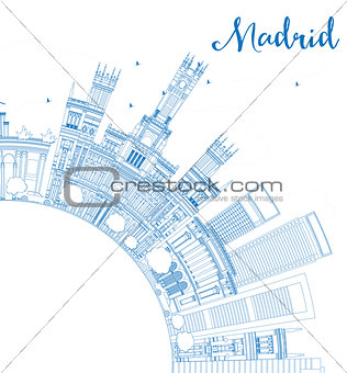 Outline Madrid Skyline with Blue Buildings and Copy Space.