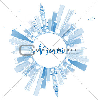 Outline Miami Skyline with Blue Buildings and Copy Space. 