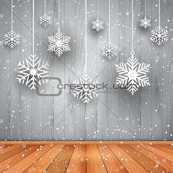 Christmas background of hanging snowflakes