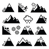 Mountains, avalanche, snowslide- natural disaster icons set
