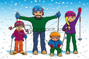 Family skiing in winter