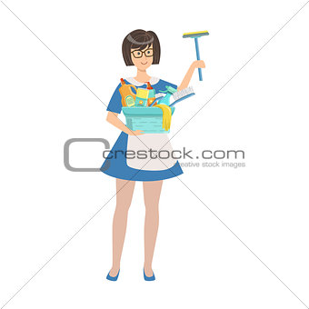 Hotel Professional Maid With Window Washing Equipment Illustration
