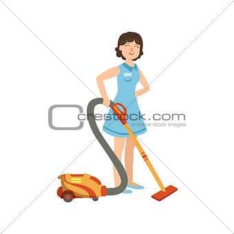 Hotel Professional Maid Cleaning The Floor With Hoover Illustration