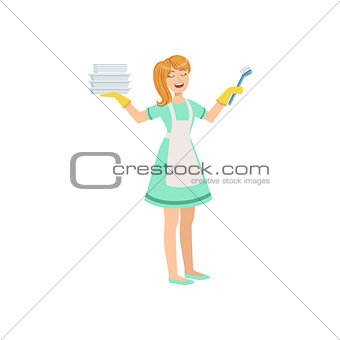Hotel Professional Maid Washing Dishes Illustration
