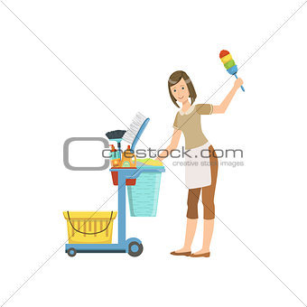 Hotel Professional Maid With Cleaning Equipment Cart Illustration
