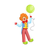 Colorful Friendly Clown With Balloon In Classic Outfit